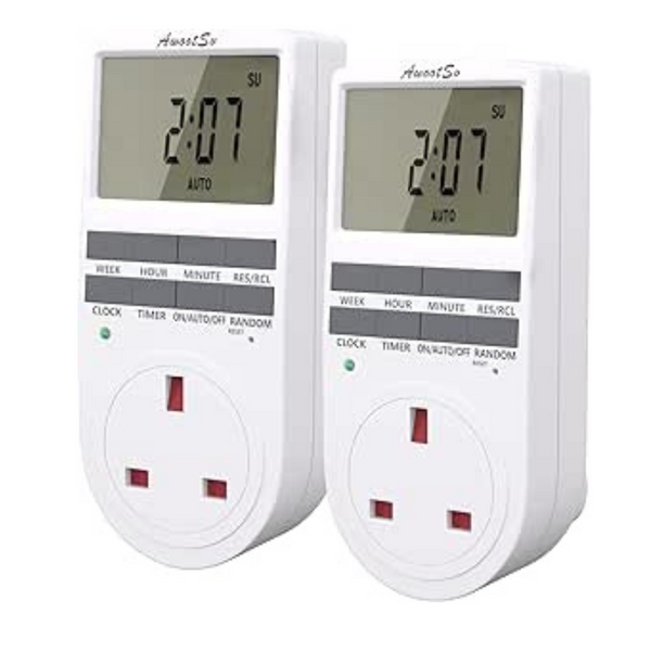 2 Pcs Awootsv Digital Security Timer Plug Socket 10 ON-Off Programs Programmable Switch Timer with Random Mode, for Lights and Home, 24 Hours/Weekly Indoor Automatic Timer Switch, 230V, 13A, 2900W