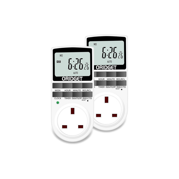2 Pcs ORIDGET Digital Electrical Timer Plug Socket with 18 On-Off Programs, Countdown and Security Random Mode for Lights and Home Appliances, 24 Hour Weekly Programmable (13A / 2900W) - OneBag