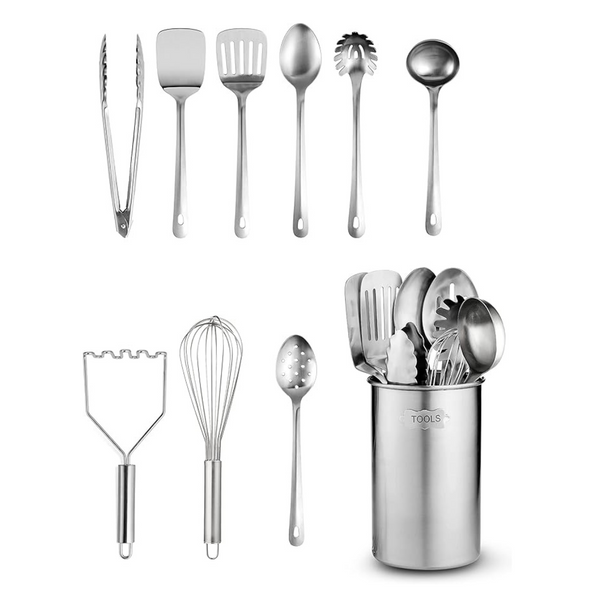 10 Pcs FineDine Kitchen Utensils Set - 10-Piece, Stainless-Steel Cooking Utensils w/Spoons, Whisk, Spatula, Tongs, Ladle, Masher & Cooking Utensils Holder - Kitchen Accessories, Gadgets and Tools