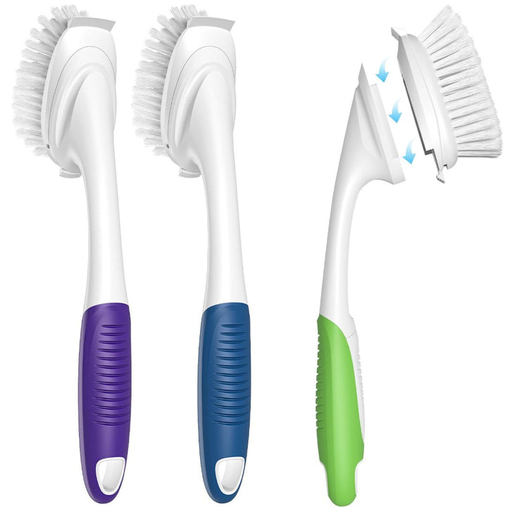 2-3 Pcs Dish Brush with Plastic Handle Built-in Scraper, Replaceable Brush Scrubbing Brush - OneBag