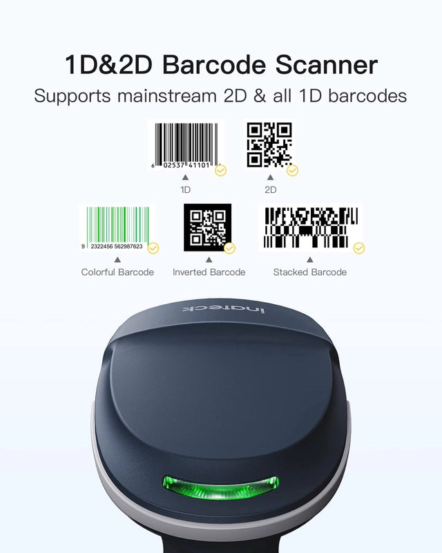 Inateck 2D Wireless Barcode Scanner, Bluetooth 5.0, 2.4Ghz Smart Base, Screen Scanning, BCST-54 - OneBag