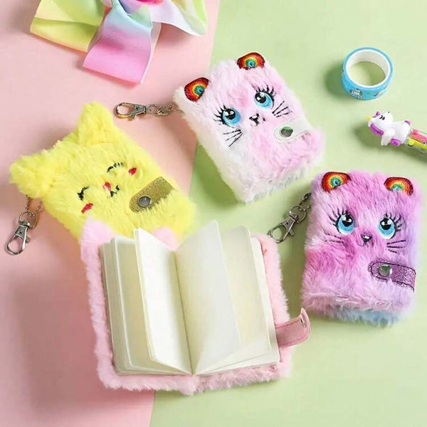 2 Pcs Cute Animal Cat Face Plush Mini Pocket Notebook with Keychain, 80 Pages Diary Notepad