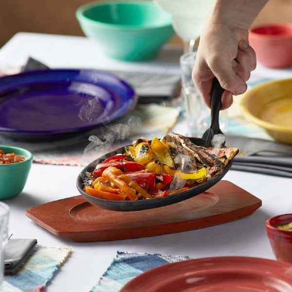 Cast Iron Sizzler Hot Serving Fajita Steak Plate Pan Grill Platter & Wooden Tray
