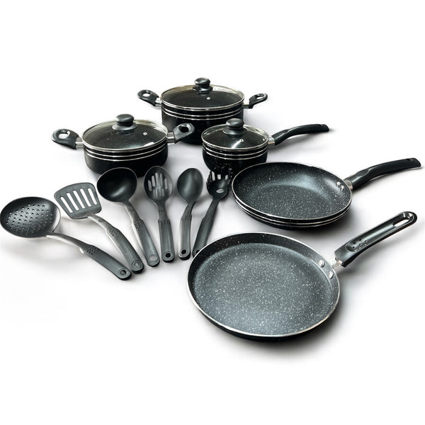 14 Pcs Black Non-Stick Ceramic Cookware Set and Kitchen Utensils, Sauce Pot, Frying Pan, Milk Pan, Ladle, Spatula for Cooking