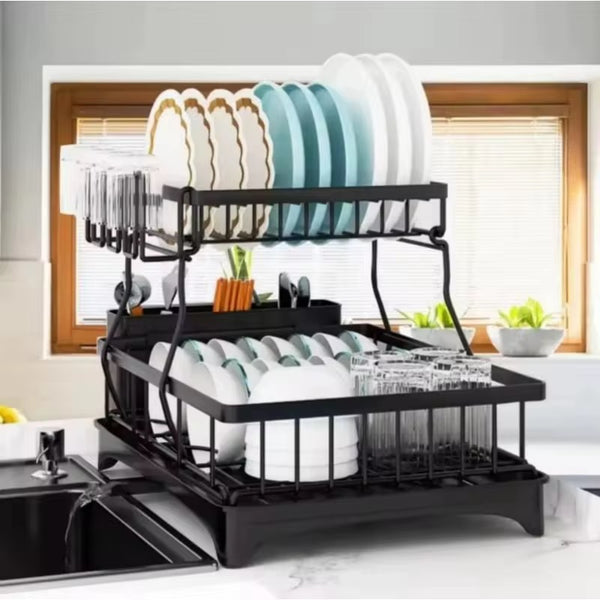 Large 2-Tier Dish Rack with Drainboard - Detachable, Carbon Steel Kitchen Organizer for Dishes, Cups & Cutlery