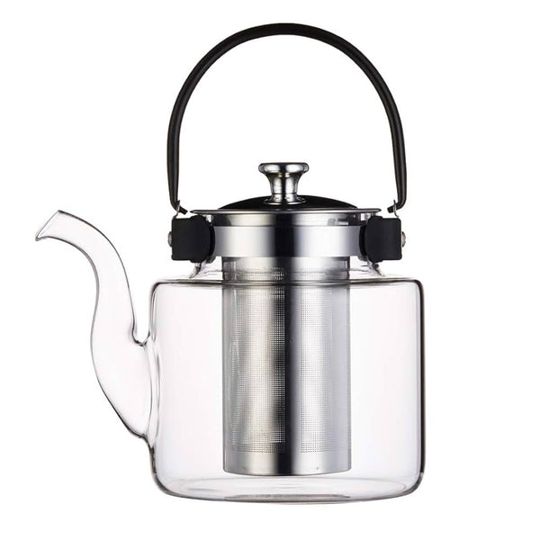 Black Handle Stainless Steel Glass Teapot 1200ml Heat Resistant Pot with Infuser Kettle, Stovetop Transparent Kettle