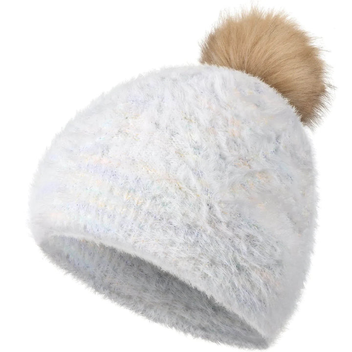Winter Natural-White Women Pom Pom Beanie Hat, Girls Warm Faux Fur Pompom Knit Ski Hat - OneBag