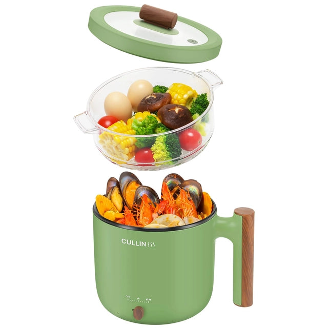 Electric Hot Pot with Steamer, 1.5 & 1.8L Non-stick Ramen Cooker, 2 in 1 Shabu Shabu Hot Pot, Multifunctional Cooker with Overheating Protection for Stew, Noodles - OneBag