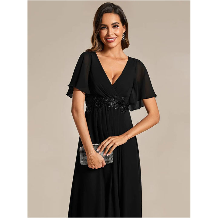V Neck Chiffon Midi Dress with Waist Applique - OneBag