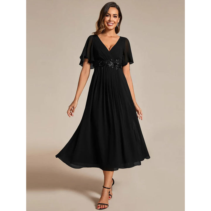 V Neck Chiffon Midi Dress with Waist Applique - OneBag