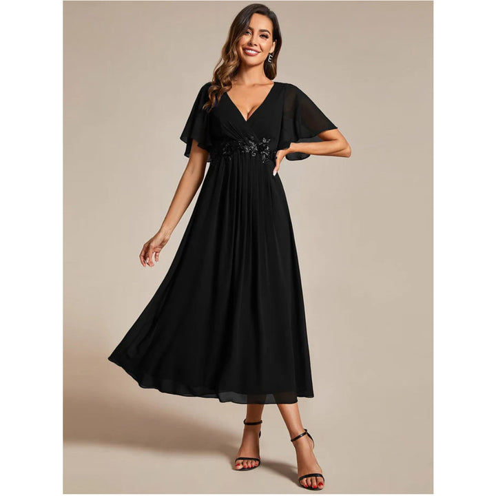 V Neck Chiffon Midi Dress with Waist Applique - OneBag