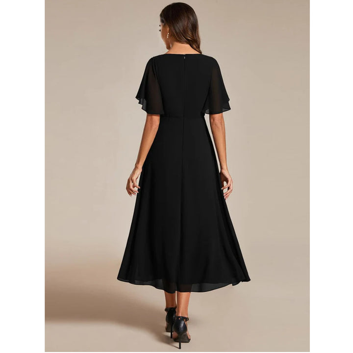 V Neck Chiffon Midi Dress with Waist Applique - OneBag