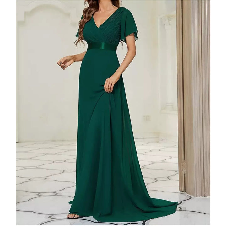 V Neck Short Sleeve Chiffon Long Dress - OneBag