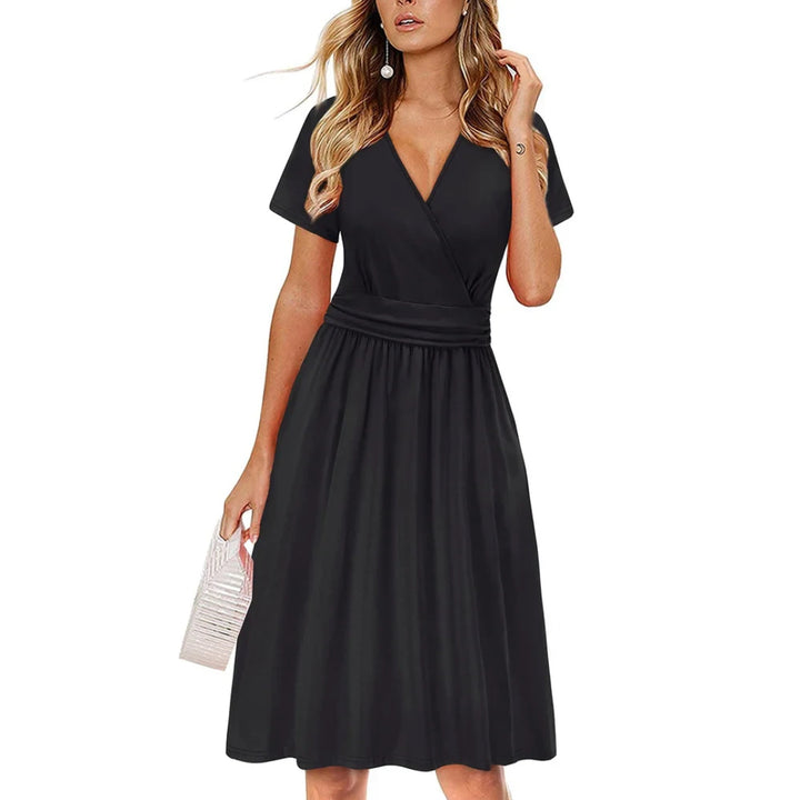 Women Short Sleeve V-Neck Casual Dress with Pockets Black - OneBag