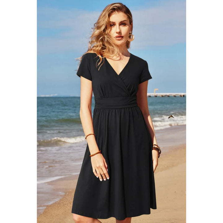 Women Short Sleeve V-Neck Casual Dress with Pockets Black - OneBag