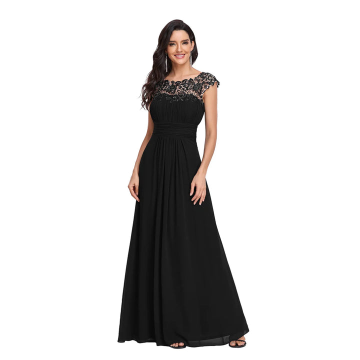 Women's Black Cap Sleeve Ruched Lace Round Neck Chiffon Formal Evening Gown, 16 UK - OneBag