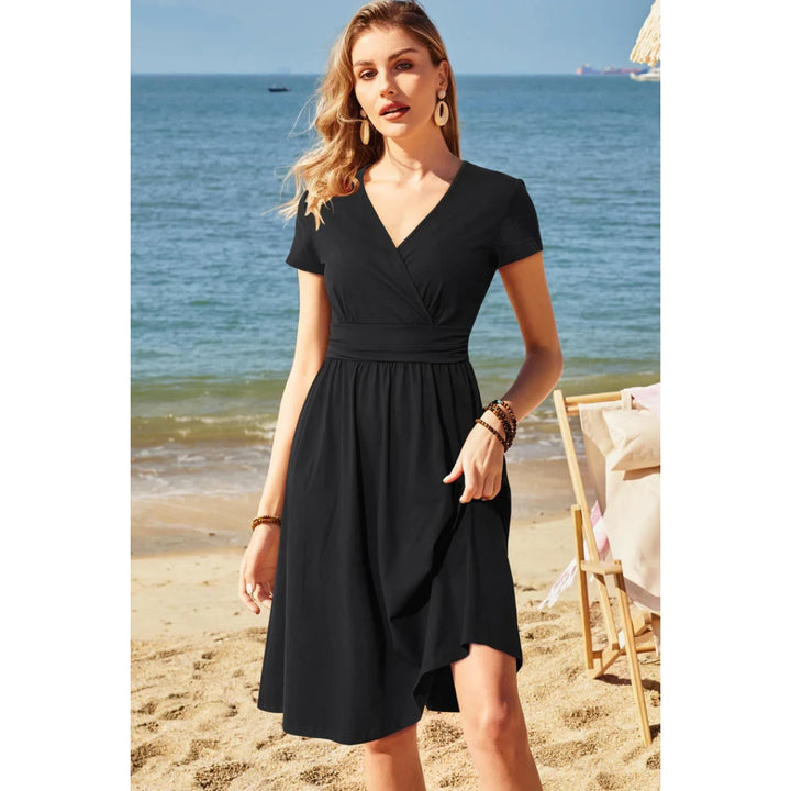 Women Short Sleeve V-Neck Casual Dress with Pockets Black - OneBag