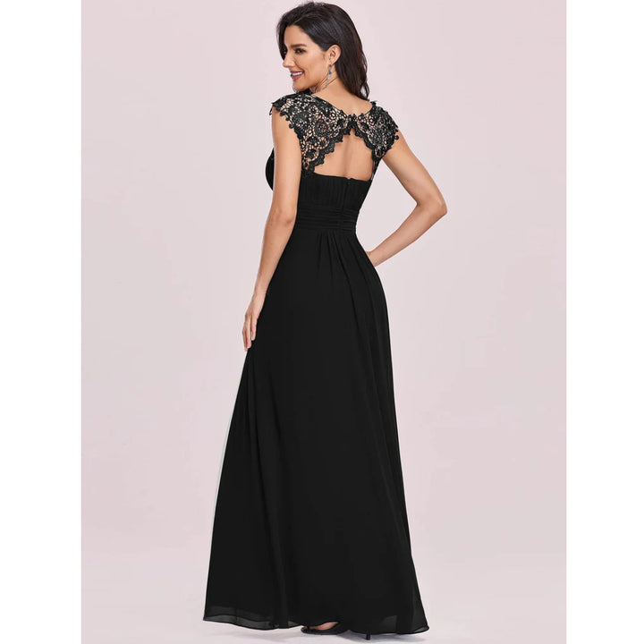 Women's Black Cap Sleeve Ruched Lace Round Neck Chiffon Formal Evening Gown, 16 UK - OneBag