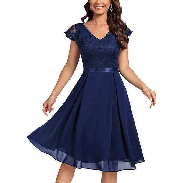 Women's Navy V-Neck Short Flutter Sleeves Flared Dress For Party Wedding Guest Cocktail