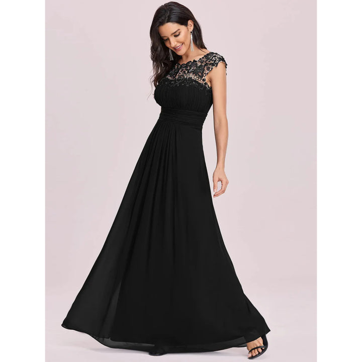 Women's Black Cap Sleeve Ruched Lace Round Neck Chiffon Formal Evening Gown, 16 UK - OneBag