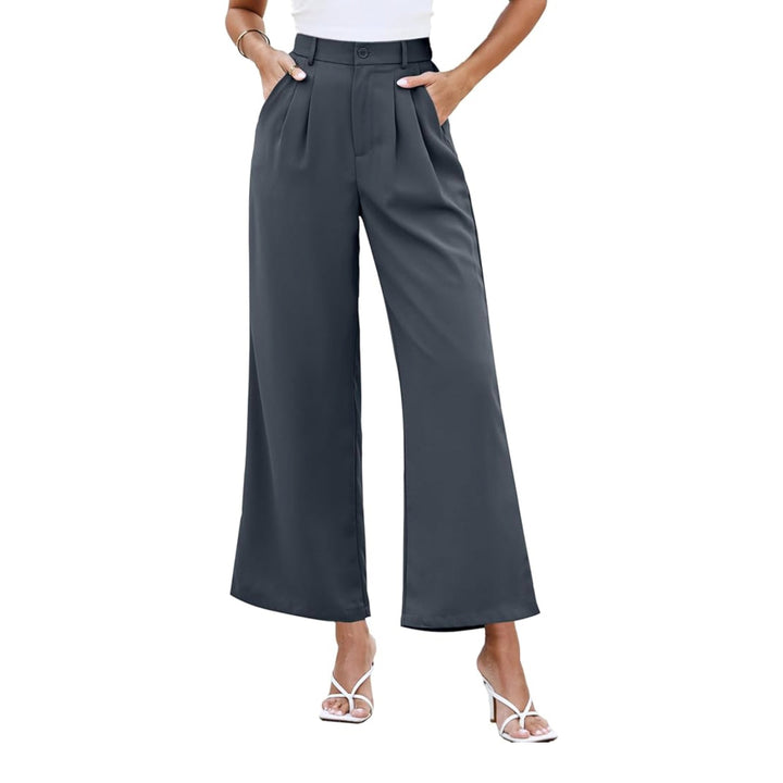 Dark Grey Elastic Waist Trousers for Women, Summer Trousers Wide Leg Pants with Pockets - OneBag