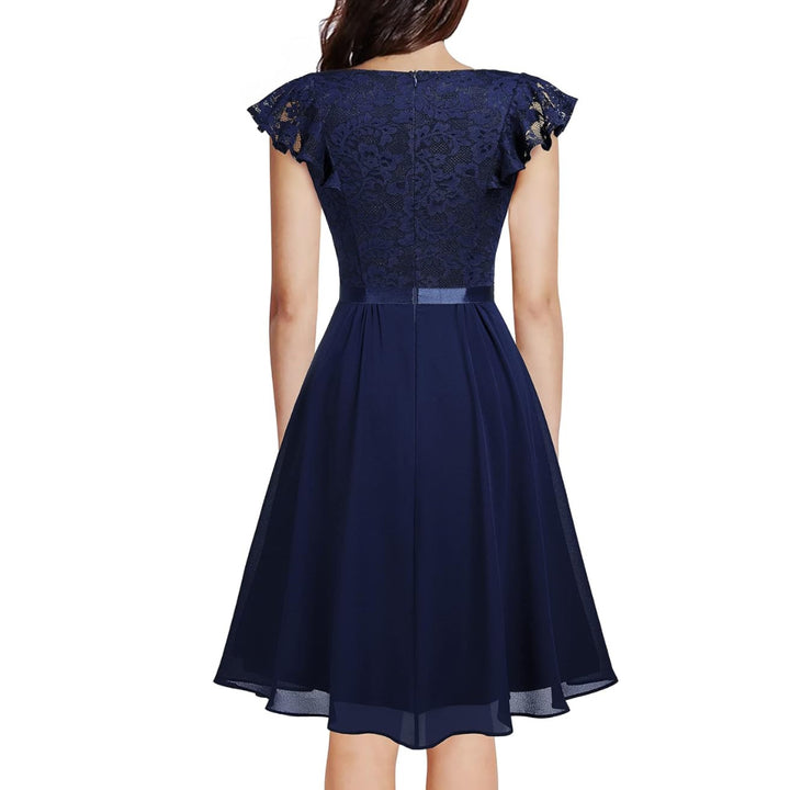 Women's Navy V-Neck Short Flutter Sleeves Flared Dress For Party Wedding Guest Cocktail - OneBag