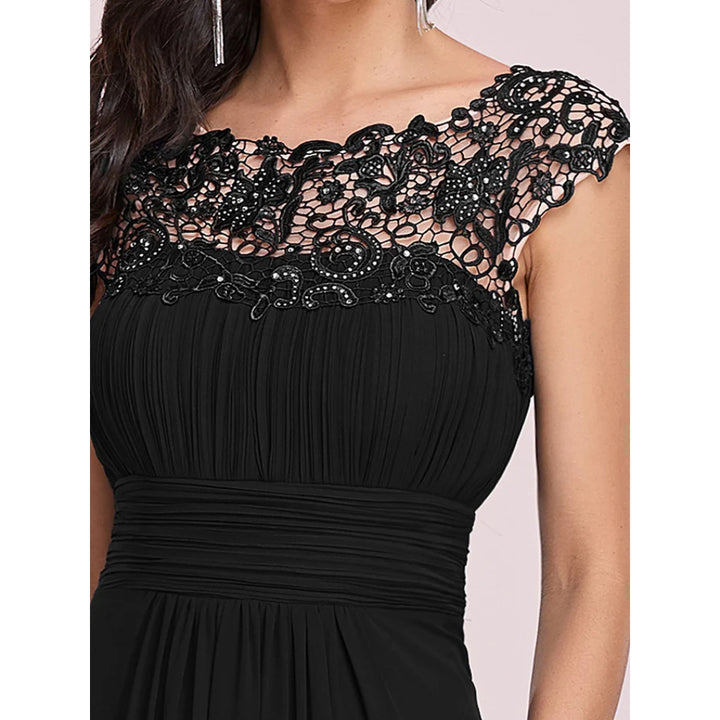 Women's Black Cap Sleeve Ruched Lace Round Neck Chiffon Formal Evening Gown, 16 UK - OneBag