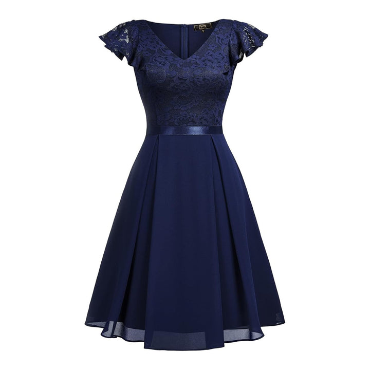 Women's Navy V-Neck Short Flutter Sleeves Flared Dress For Party Wedding Guest Cocktail - OneBag