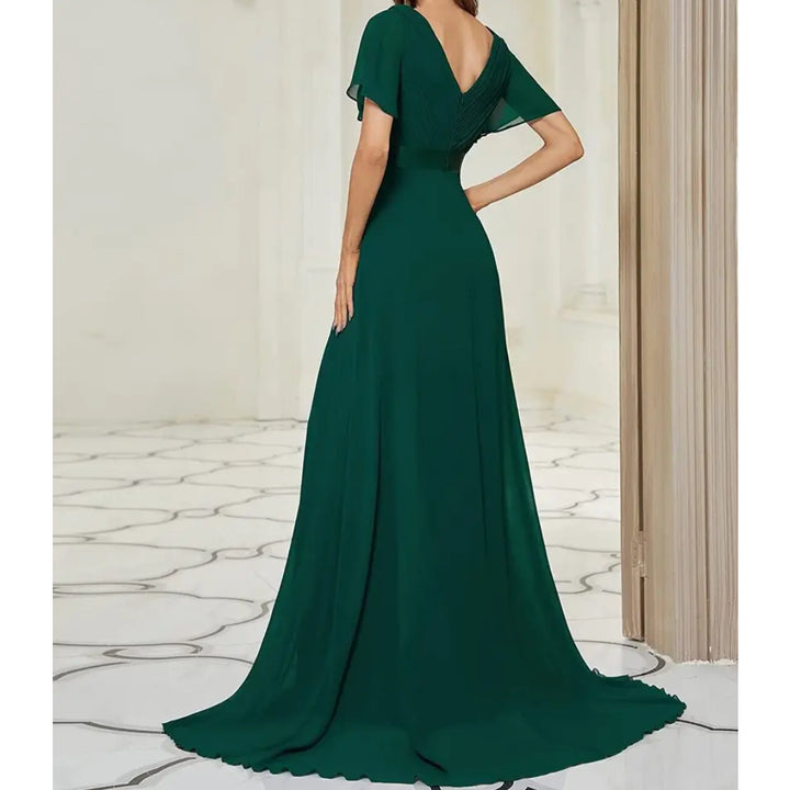 V Neck Short Sleeve Chiffon Long Dress - OneBag