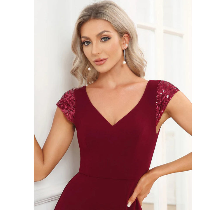 V Neck Short Sleeve Evening Dress - OneBag
