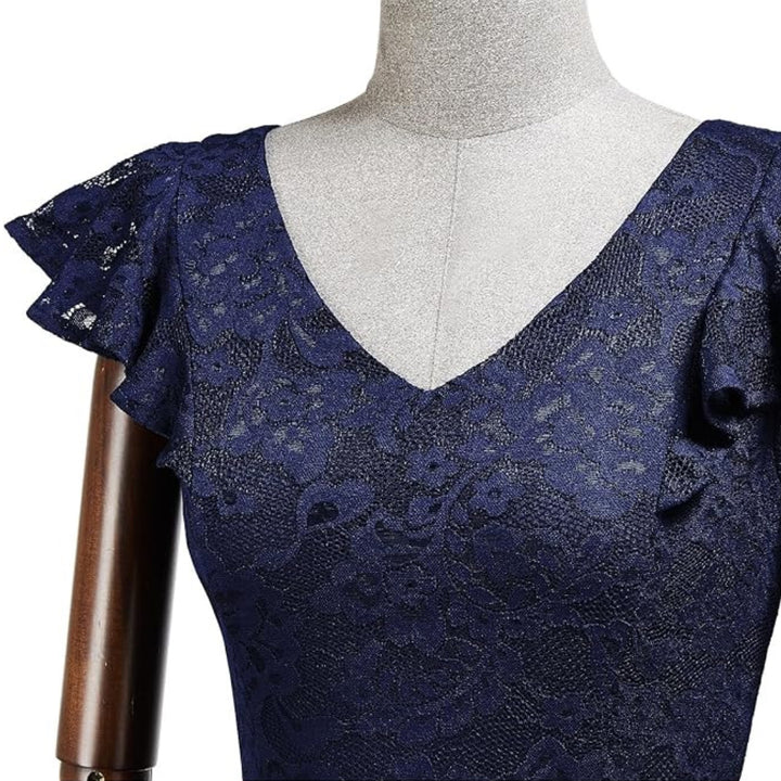 Women's Navy V-Neck Short Flutter Sleeves Flared Dress For Party Wedding Guest Cocktail - OneBag