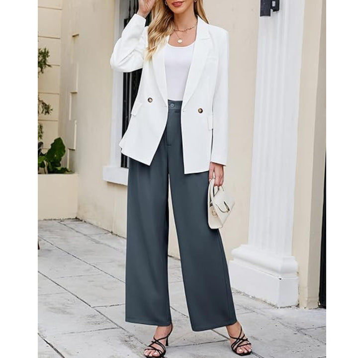 Dark Grey Elastic Waist Trousers for Women, Summer Trousers Wide Leg Pants with Pockets - OneBag
