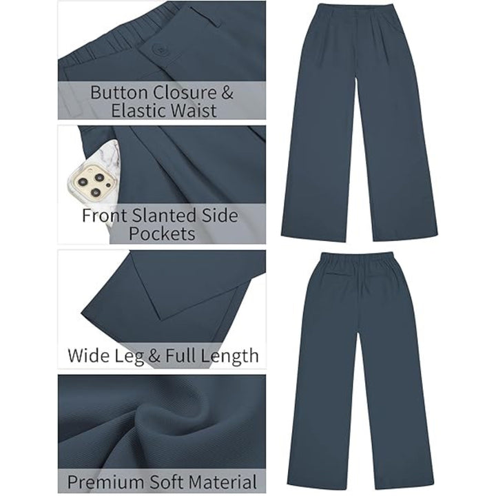 Dark Grey Elastic Waist Trousers for Women, Summer Trousers Wide Leg Pants with Pockets - OneBag