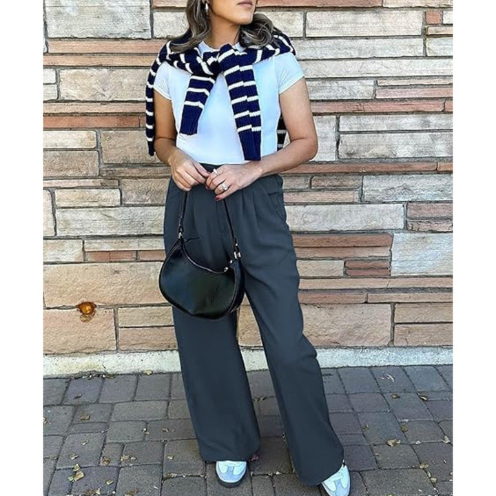 Dark Grey Elastic Waist Trousers for Women, Summer Trousers Wide Leg Pants with Pockets - OneBag