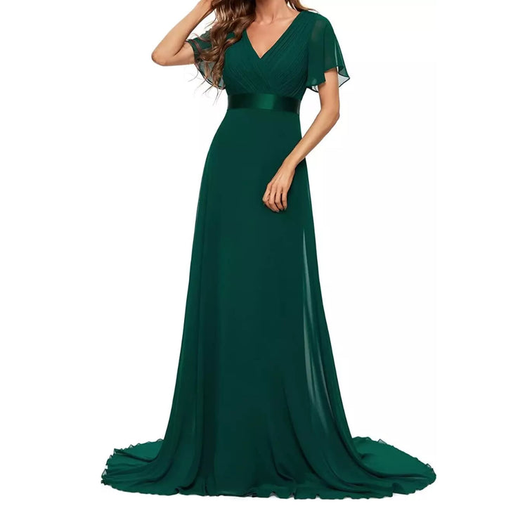 V Neck Short Sleeve Chiffon Long Dress - OneBag