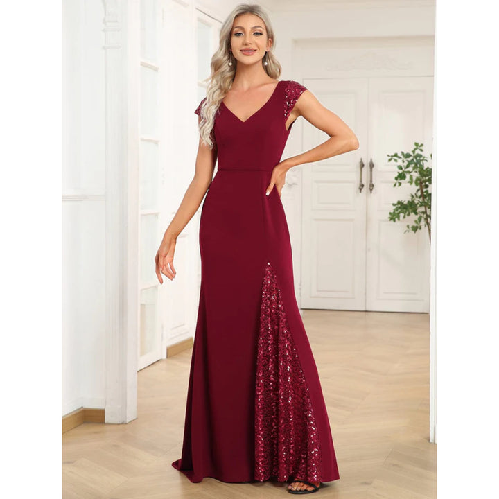 V Neck Short Sleeve Evening Dress - OneBag