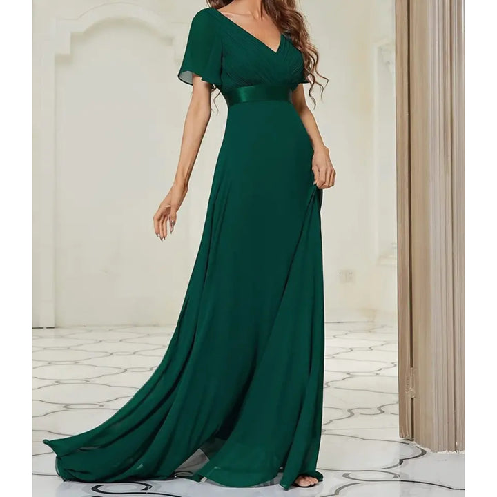 V Neck Short Sleeve Chiffon Long Dress - OneBag