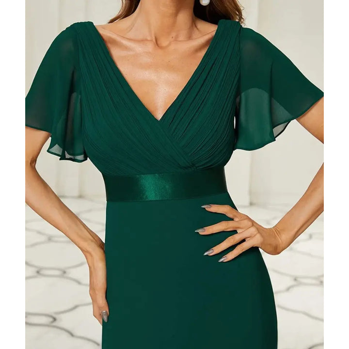 V Neck Short Sleeve Chiffon Long Dress - OneBag