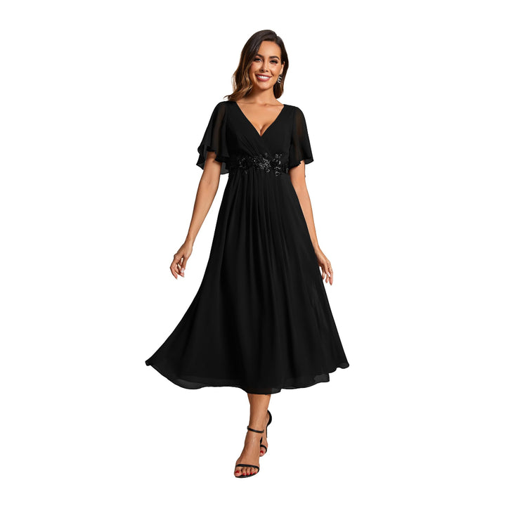 V Neck Chiffon Midi Dress with Waist Applique - OneBag