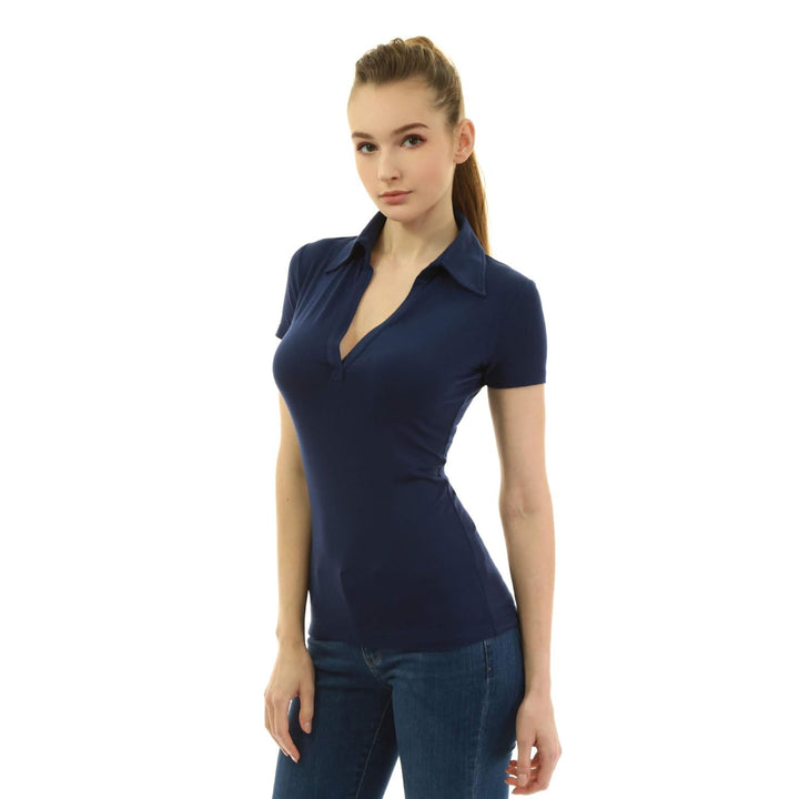 Women Collared V Neck Short Sleeve Polo Shirt - OneBag