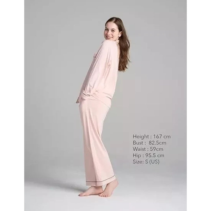 Women Pink Pyjamas Set Knit Lounge Bottom Pants and Long Sleeve Button Top - OneBag