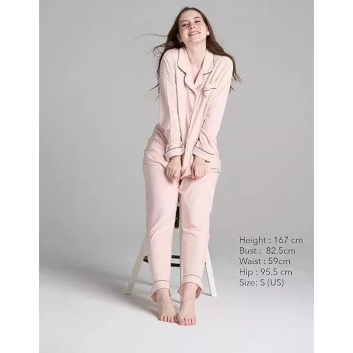 Women Pink Pyjamas Set Knit Lounge Bottom Pants and Long Sleeve Button Top - OneBag