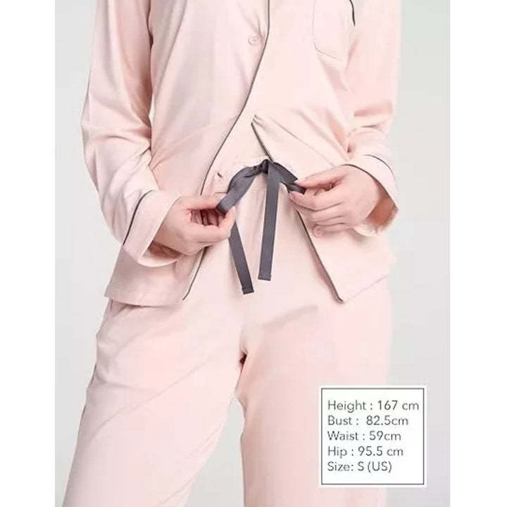 Women Pink Pyjamas Set Knit Lounge Bottom Pants and Long Sleeve Button Top - OneBag