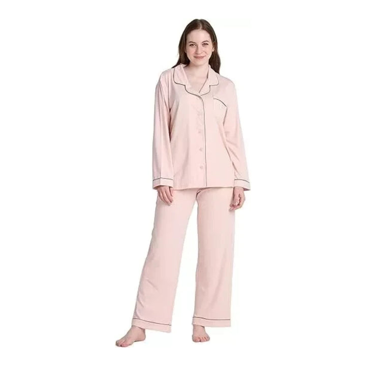 Women Pink Pyjamas Set Knit Lounge Bottom Pants and Long Sleeve Button Top - OneBag