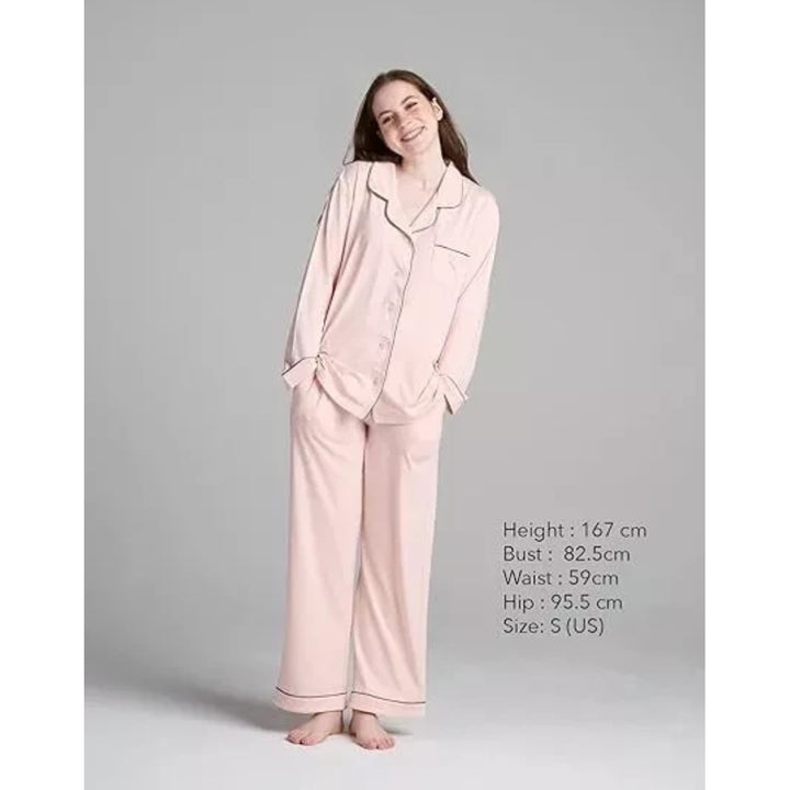 Women Pink Pyjamas Set Knit Lounge Bottom Pants and Long Sleeve Button Top - OneBag
