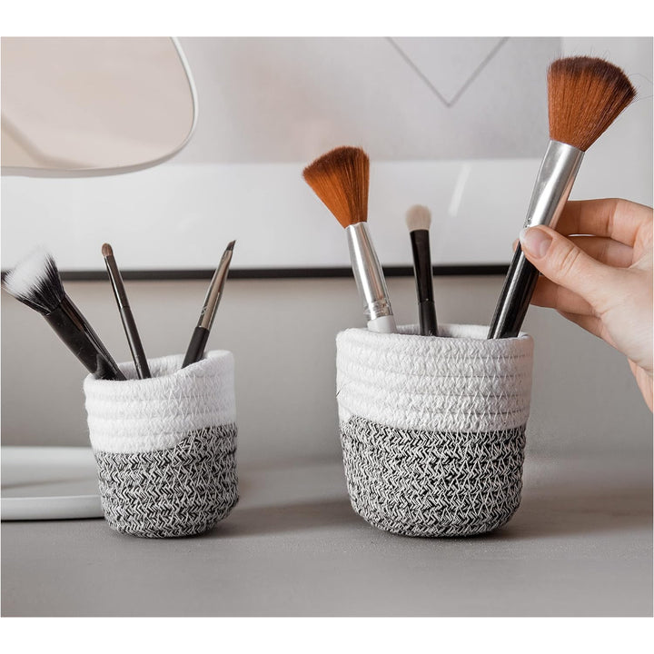 2 Pcs Handwoven Grey and White Cotton Pencil and Make up Brushes Holder - OneBag