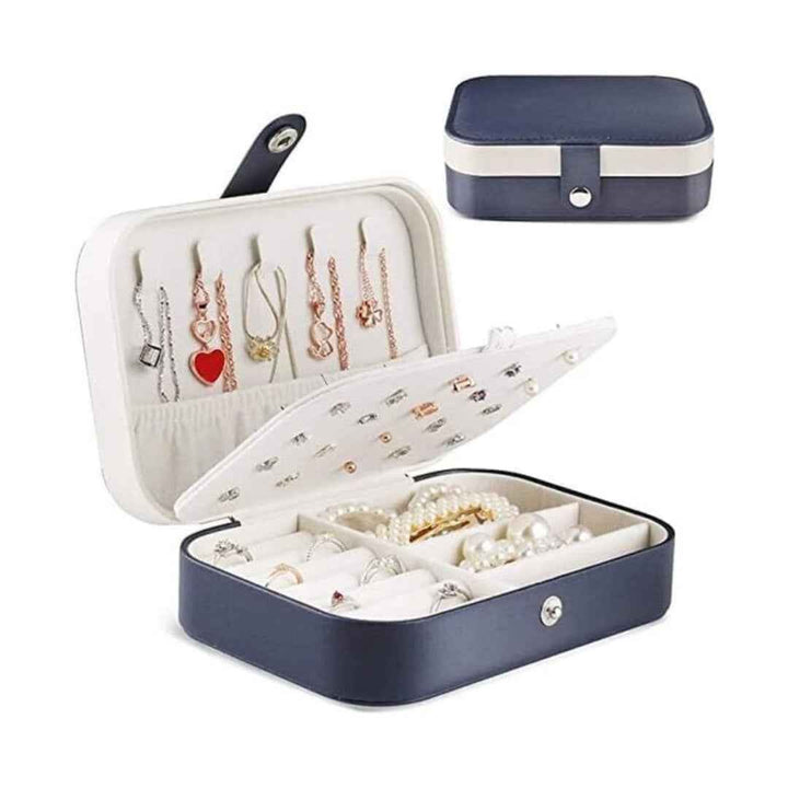 Small Travel Navy Jewellery Box Variety PU Leather,  Organiser for Rings, Necklace, Earrings, Headwear