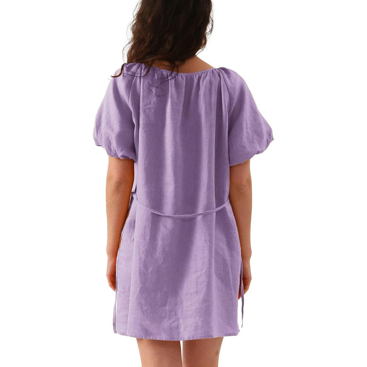 Womens Pure Linen Dress, Summer Puff Sleeve Dress, V Neck Mini Dress - OneBag