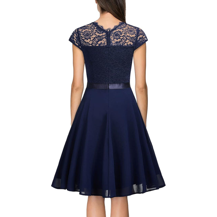 Women Navy Pink Lace Contrast Chiffon Ruffles Flared Dress for Party, Wedding guest - OneBag