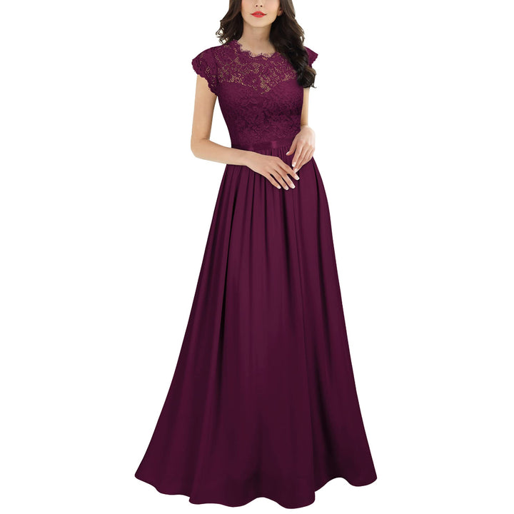 Women's Black Cap Sleeve Ruched Lace Round Neck Chiffon Formal Evening Gown, 16 UK - OneBag